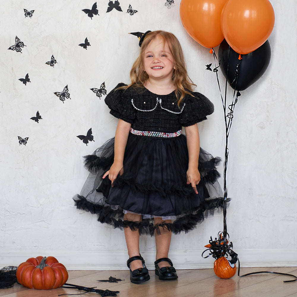 Girls' Fashion Halloween Mesh Stitching Puff Sleeve Dress