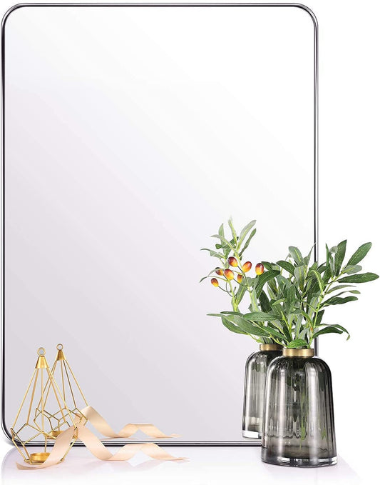 ANDY STAR Brushed Nickel Mirror for Bathroom, 22"X30" Silver Metal Frame Wall Mirror, Rectangular Stainless Steel Rounded Corner Mirror with 1’’ Deep Set Design Hangs Horizontal or Vertical