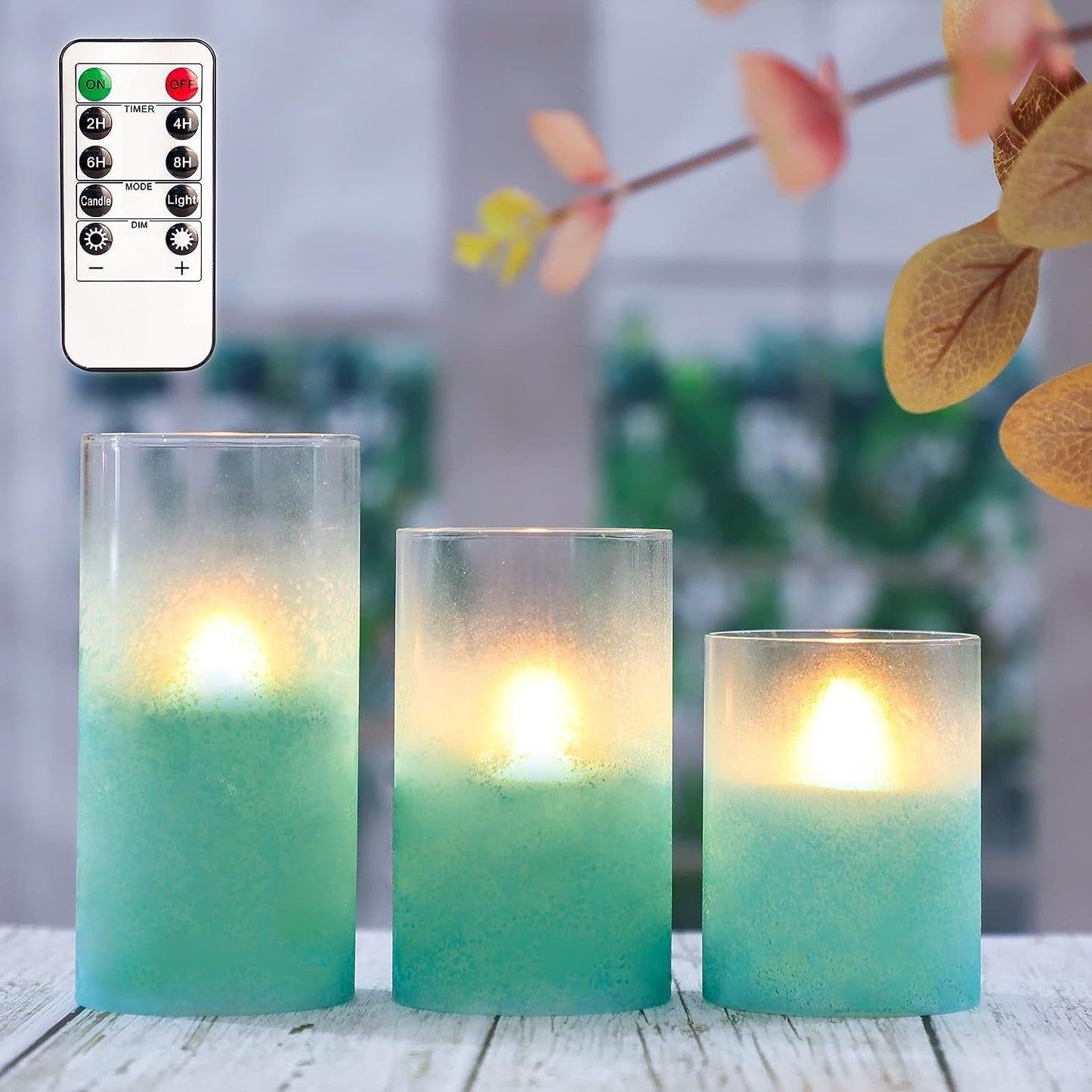 Green Sandblasted Flameless Candles Ocean Theme Glass Tube LED Candles Remote - Real Wax Battery Operated Pillar Candles for Home Party Weddings Christmas Decor - Set of 3