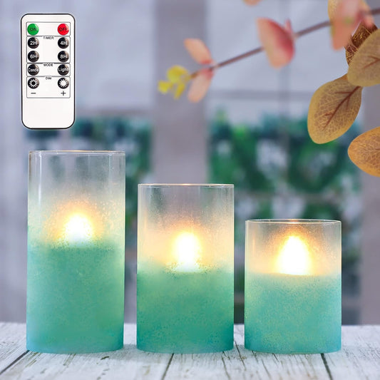 Green Sandblasted Flameless Candles Ocean Theme Glass Tube LED Candles Remote - Real Wax Battery Operated Pillar Candles for Home Party Weddings Christmas Decor - Set of 3