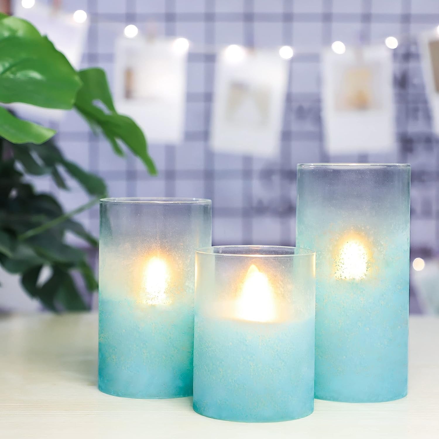 Green Sandblasted Flameless Candles Ocean Theme Glass Tube LED Candles Remote - Real Wax Battery Operated Pillar Candles for Home Party Weddings Christmas Decor - Set of 3